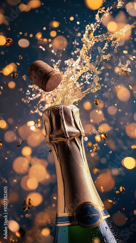 A champagne bottle erupts as the cork flies off, releasing bubbly liquid and creating a joyful celebration. The scene captures the essence of New Year's festivities photo