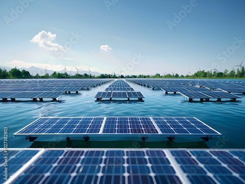 Floating Solar Farm on Tranquil Lake Harnessing Renewable Energy photo