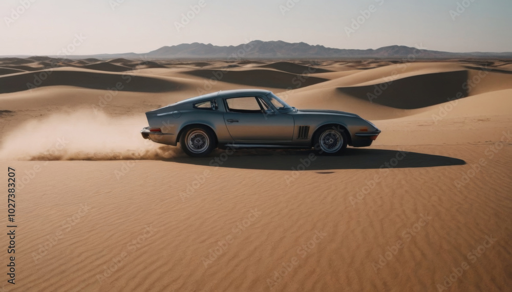 Obraz premium sports car on a sand dune beautiful desert landscape