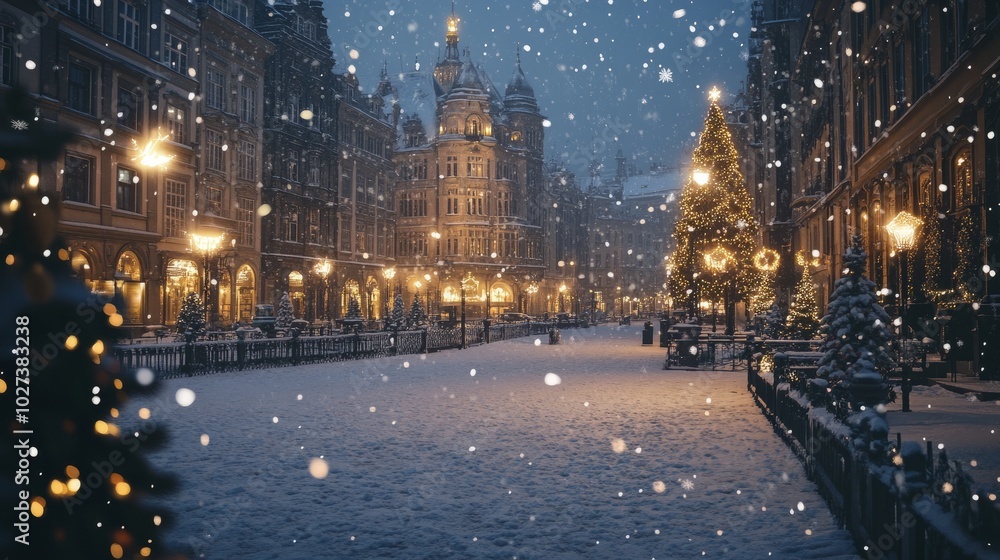 Fototapeta premium A peaceful city square on Christmas Day, with snowflakes drifting down and buildings softly illuminated.