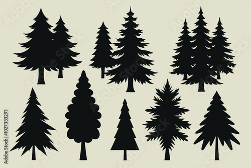 Set of collection of pine tree silhouettes. Various shapes of fir tree vector silhouettes