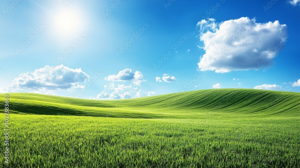 Naklejka premium Lush Green Field Under a Blue Sky with White Clouds