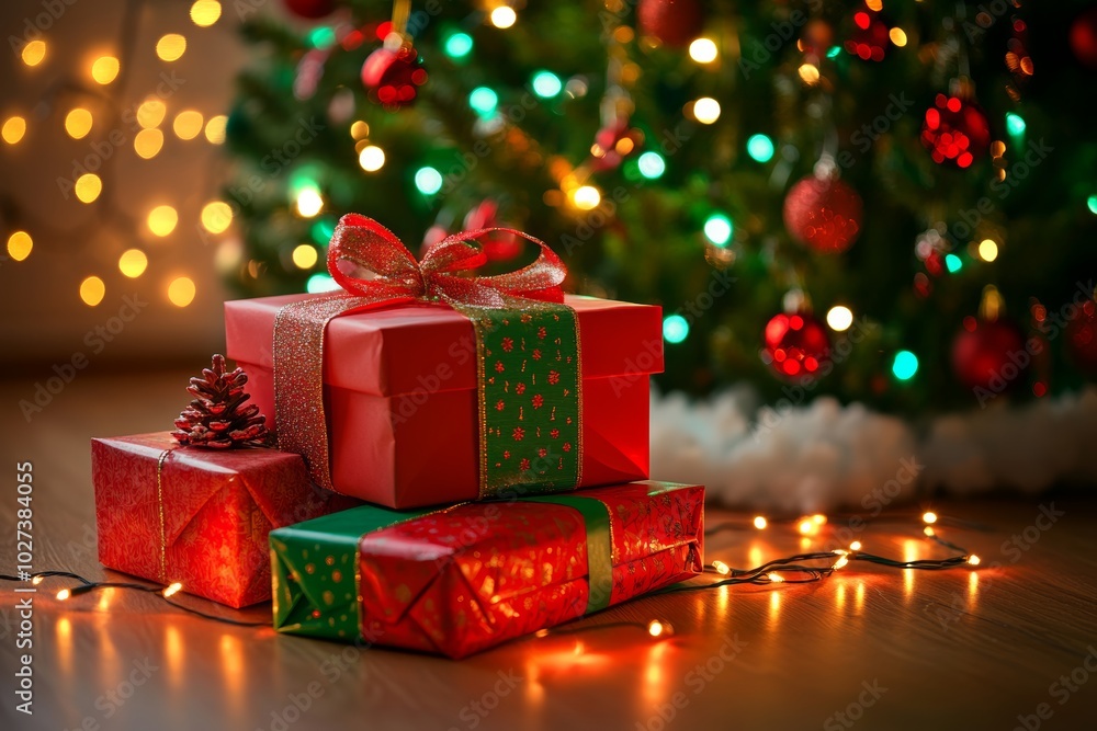 Christmas gifts box on festive background Christmas gifts box on festive background