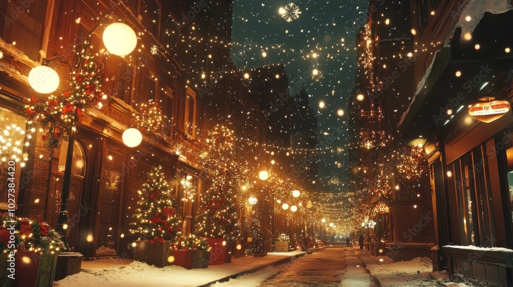 Snow gently falling over a city street lined with festive decorations and glowing Christmas lights. Snow gently falling over a city street lined with festive decorations and glowing Christmas lights.