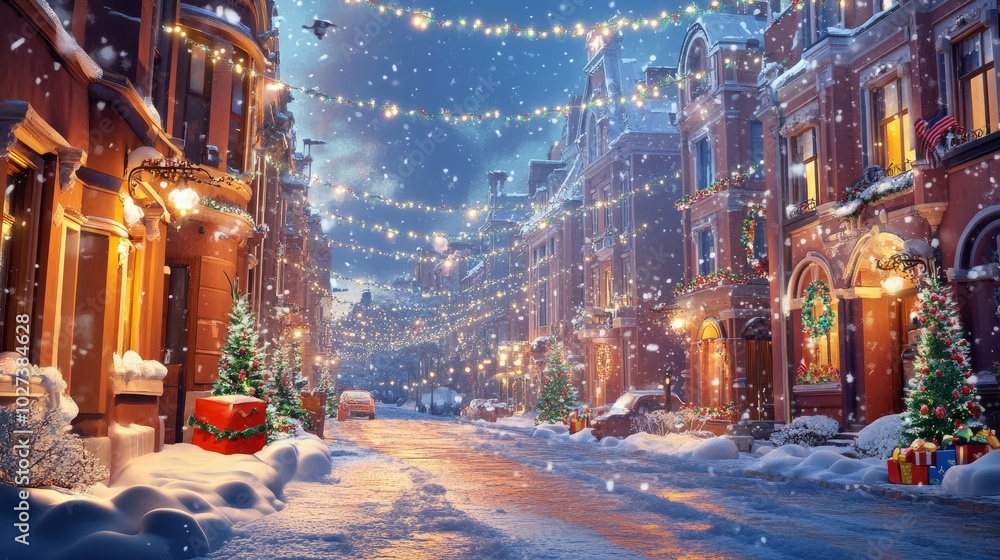 Snow-covered buildings with Christmas garlands and string lights, creating a cozy holiday atmosphere. Snow-covered buildings with Christmas garlands and string lights, creating a cozy holiday atmosphere.