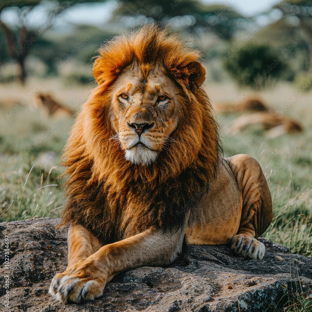 Majestic lion resting on a rock in the savannah during golden hour in Africa Majestic lion resting on a rock in the savannah during golden hour in Africa