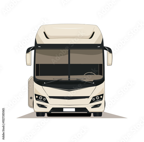 A front view of a modern white bus, designed for comfort and long-distance travel. The sleek design and large windshield make it ideal for road trips, tourism, and public transportation.