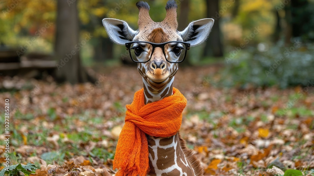 A young giraffe wearing glasses and an orange scarf enjoys a colorful autumn day in the park A young giraffe wearing glasses and an orange scarf enjoys a colorful autumn day in the park