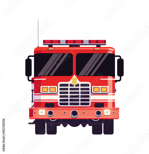 A front view of a bright red fire truck, featuring large windows, emergency lights, and robust design. Built for firefighting and emergency rescue, the truck is a symbol of safety and protection.