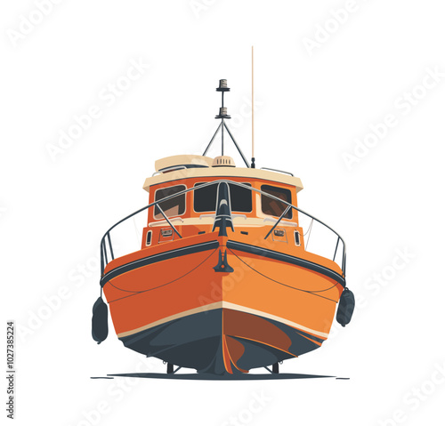 A lifeboat from the front, equipped with black fenders and a durable structure, designed for rescue missions, sea safety, and emergency situations. Its robust design is ideal for maritime emergencies 