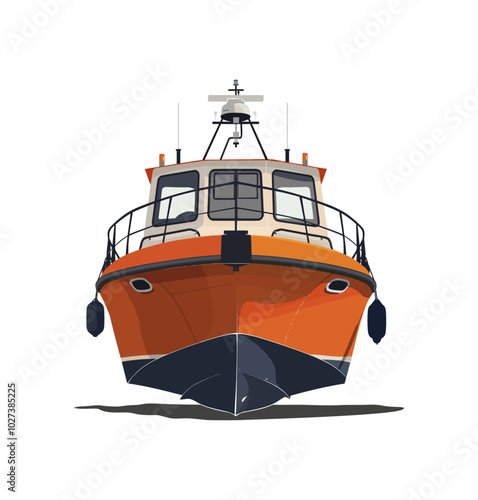 A lifeboat from the front, equipped with black fenders and a durable structure, designed for rescue missions, sea safety, and emergency situations. Its robust design is ideal for maritime emergencies 