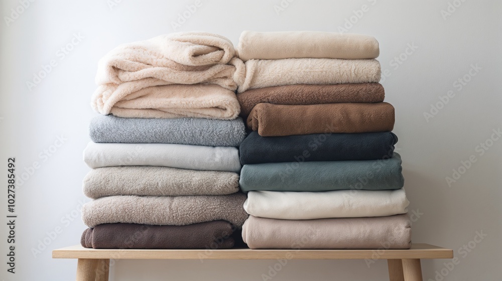 Stacked cozy blankets in soft colors on a wooden shelf for home decor Stacked cozy blankets in soft colors on a wooden shelf for home decor