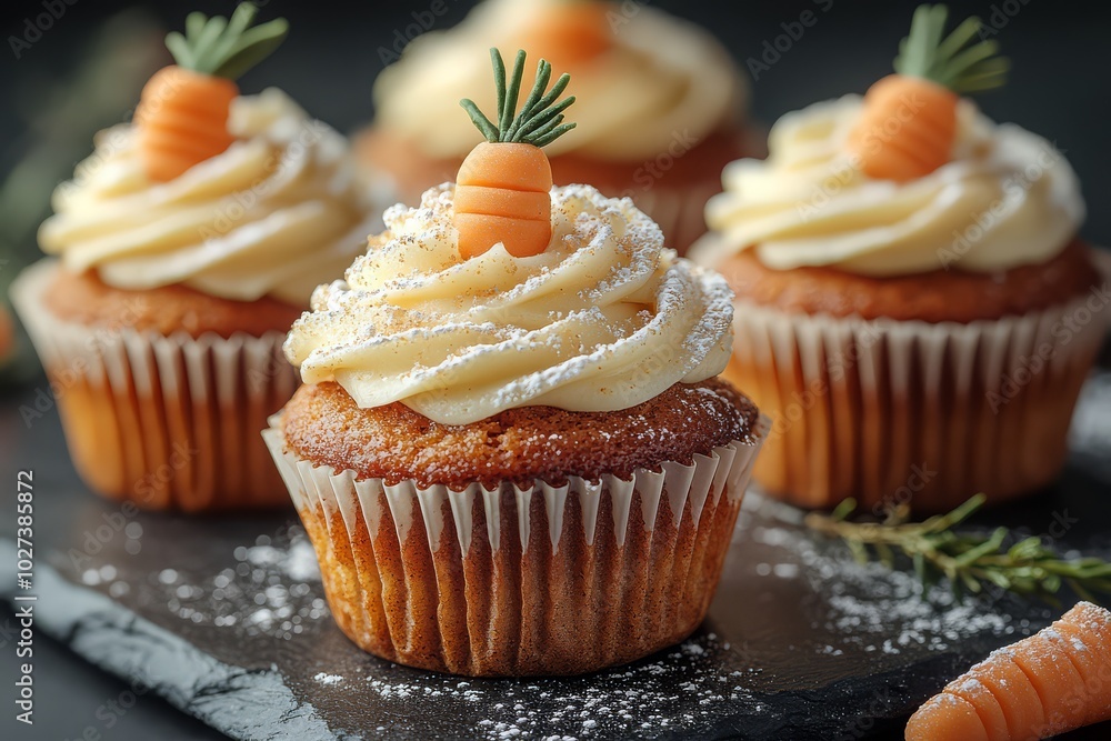 Carrot cupcakes with cream cheese frosting and fondant decorations Carrot cupcakes with cream cheese frosting and fondant decorations