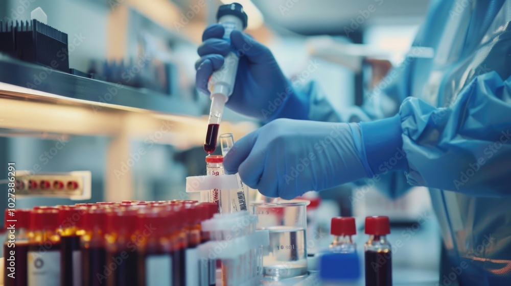 Medical lab researcher handling blood samples for diagnostics analysis Medical lab researcher handling blood samples for diagnostics analysis