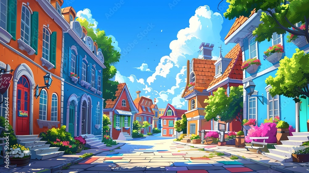 A colorful illustration of a charming street in a town with houses, trees, flowers, and a blue sky. A colorful illustration of a charming street in a town with houses, trees, flowers, and a blue sky.