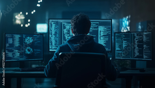 A computer engineer working on the design of software and systems, with two monitors displaying code or software interfaces in a dark blue room. The person is focused on their work at the desk,