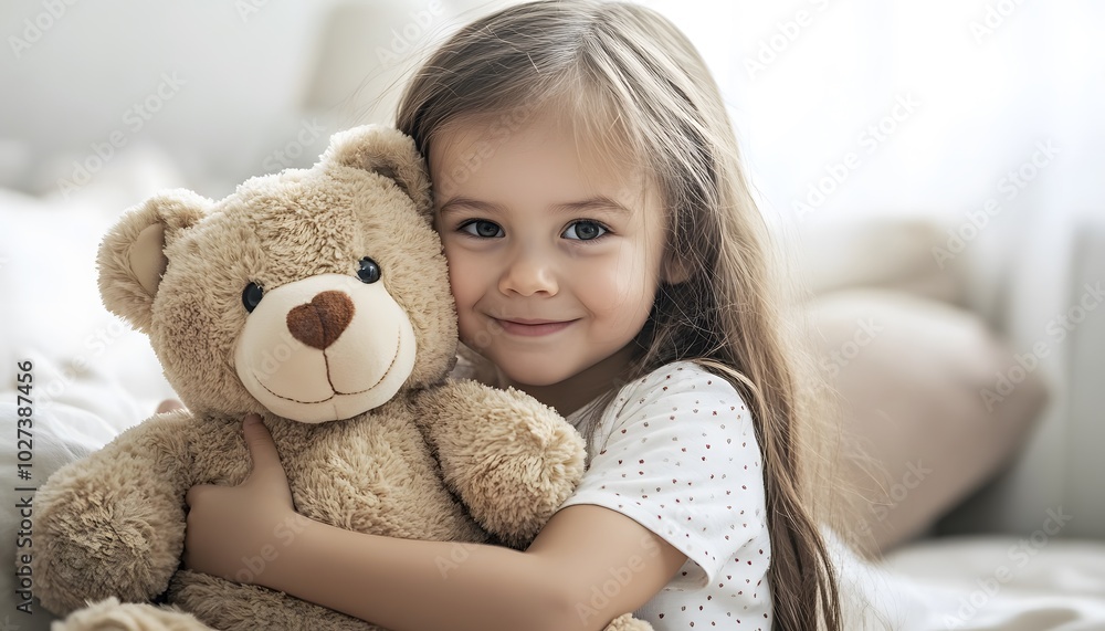 A joyful girl hugs her teddy bear, radiating warmth and happiness in a cozy indoor setting.