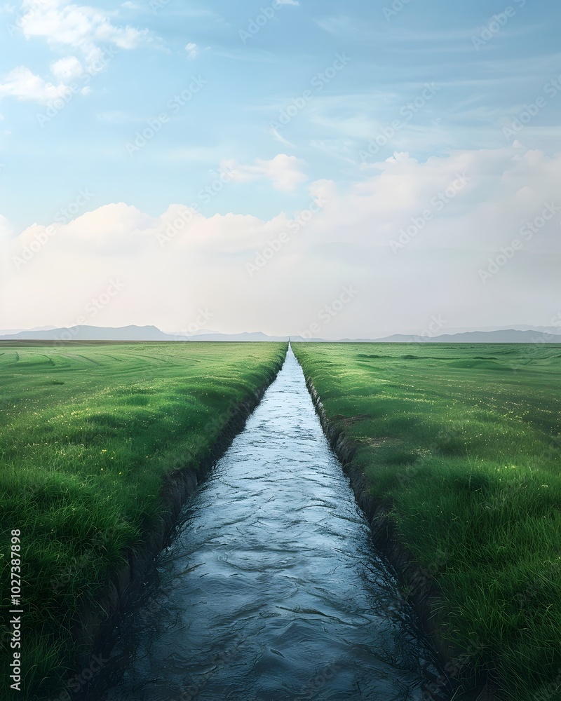 Fototapeta premium Smart irrigation canal adjusts water flow to optimize sustainable agriculture and crop yields