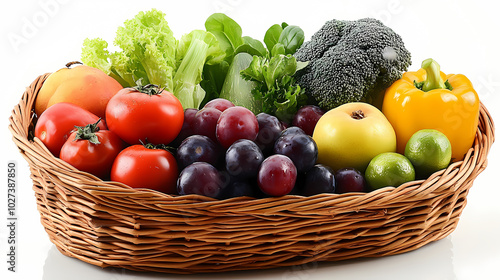 Many different fresh fruits in wicker basket isolated on white