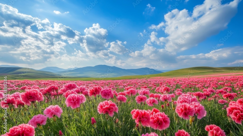 Pink Flowers Blooming in a Field Against a Blue Sky and Distant Hills
