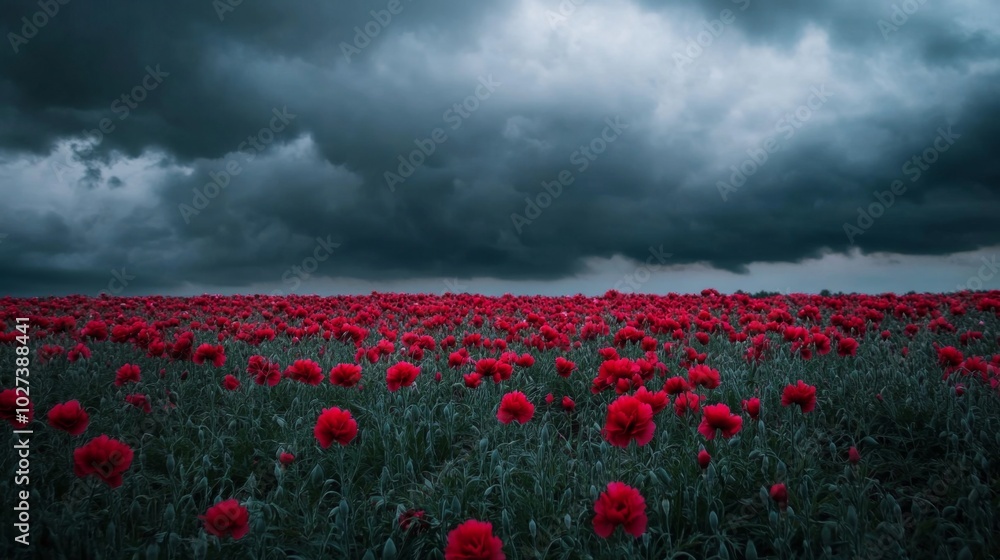 Obraz premium A field of red poppy flowers under a stormy sky