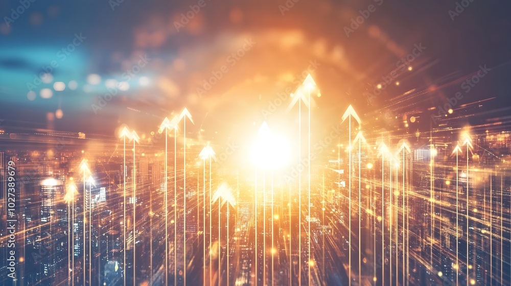 Fototapeta premium Glowing Global Economic Recovery with Upward Arrows Representing Interconnected Markets