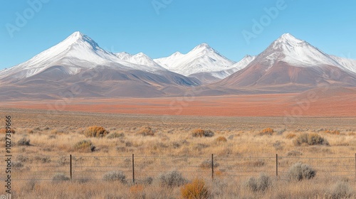 Snow-capped mountains rise above a dry desert landscape with sparse vegetation, under a clear blue sky, creating a striking contrast of colors.. photo