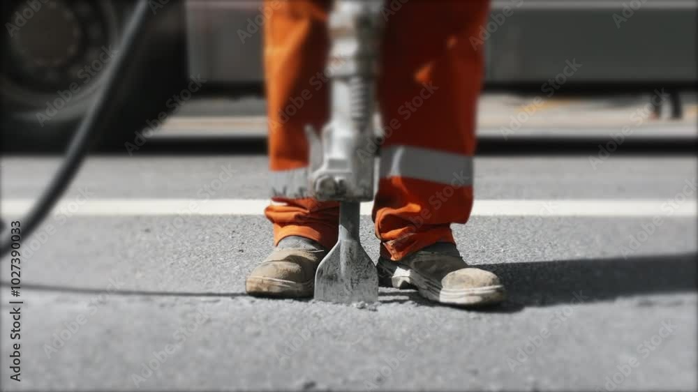 Worker operating a jackhammer on a city street, breaking asphalt during a construction job, wearing protective gear and showcasing the intensity of manual labor Worker operating a jackhammer on a city street, breaking asphalt during a construction job, wearing protective gear and showcasing the intensity of manual labor