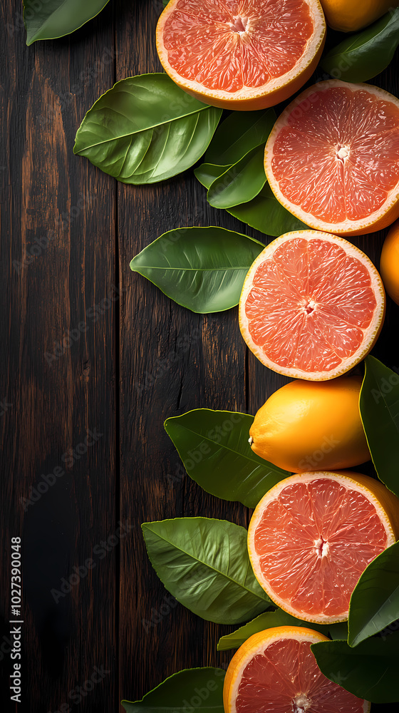 Fresh peeled pomelo, grapefruit, shaddock with green leaves on dark wooden plank table. Fresh peeled pomelo, grapefruit, shaddock with green leaves on dark wooden plank table.