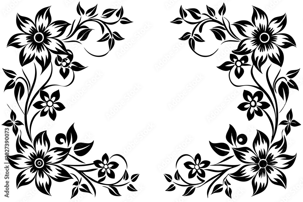 A symmetrical floral design features intricate black leaf and flower patterns, framing an open space in the center. A symmetrical floral design features intricate black leaf and flower patterns, framing an open space in the center.