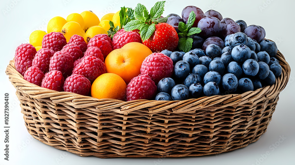 Many different fresh fruits in wicker basket isolated on white Many different fresh fruits in wicker basket isolated on white