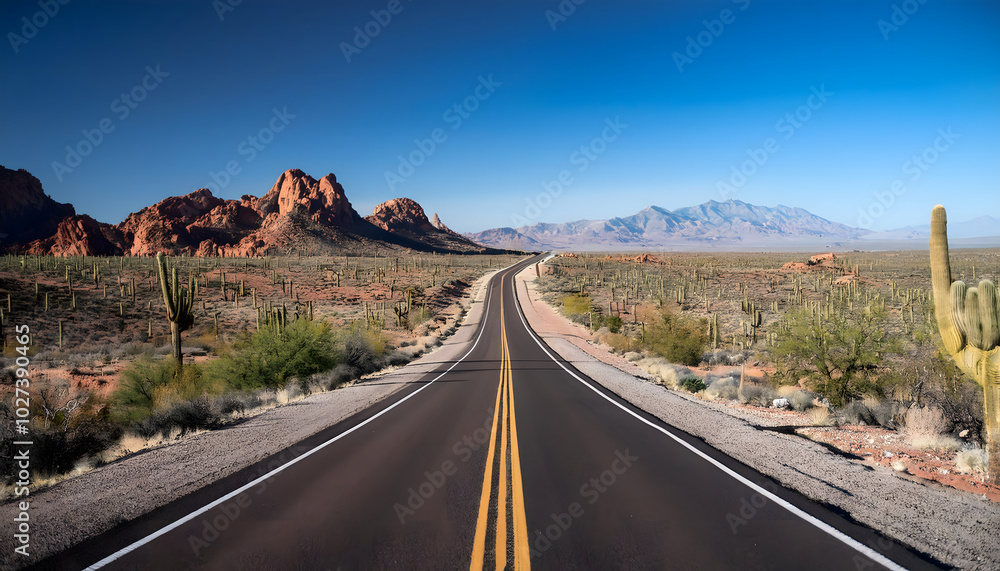 Empty desert highway with mountain view
Empty desert highway with mountain view