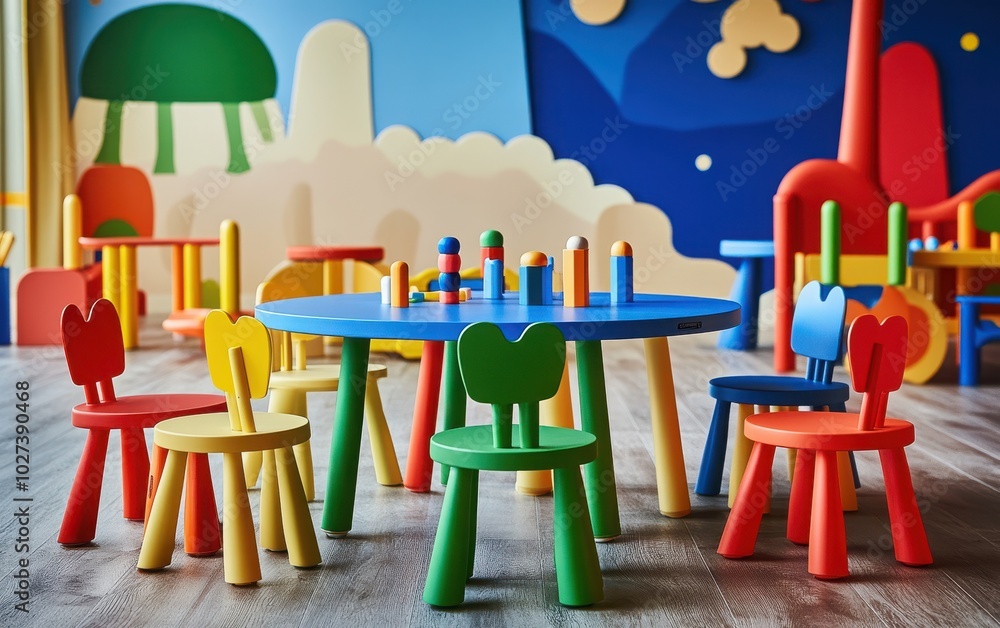 A vibrant set of adjustable baby furniture, featuring a colorful table and chairs designed for children of various ages, set against a cheerful playroom backdrop A vibrant set of adjustable baby furniture, featuring a colorful table and chairs designed for children of various ages, set against a cheerful playroom backdrop
