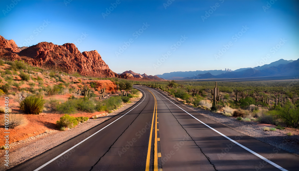 Winding road through desert with red cliffs

