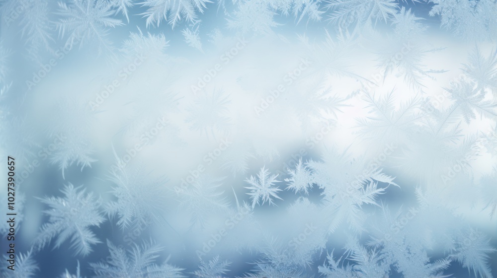 Frosty window with blue and white colors. Frozen glass surface. Icy pattern. Snowflake crystals. Winter background with space for text, design Frosty window with blue and white colors. Frozen glass surface. Icy pattern. Snowflake crystals. Winter background with space for text, design