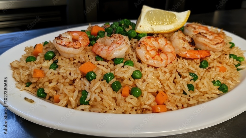 Vibrant Shrimp Platter with Fried Rice and Lemon Slice Vibrant Shrimp Platter with Fried Rice and Lemon Slice