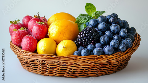 Many different fresh fruits in wicker basket isolated on white