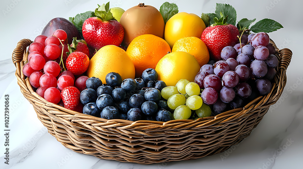 Many different fresh fruits in wicker basket isolated on white Many different fresh fruits in wicker basket isolated on white