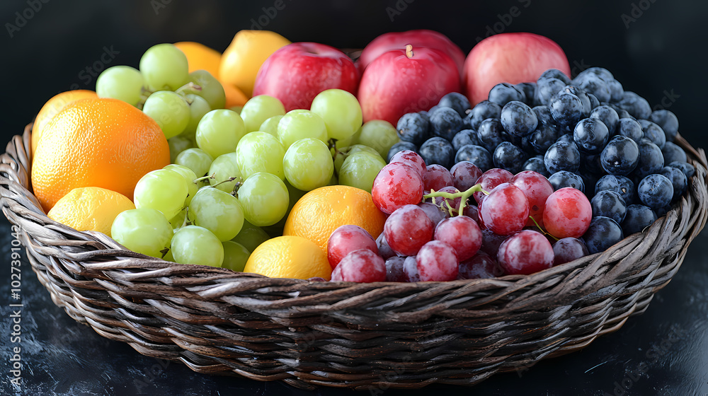 Many different fresh fruits in wicker basket isolated on white Many different fresh fruits in wicker basket isolated on white