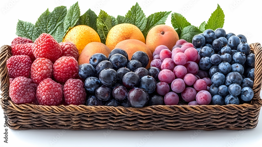 Many different fresh fruits in wicker basket isolated on white Many different fresh fruits in wicker basket isolated on white