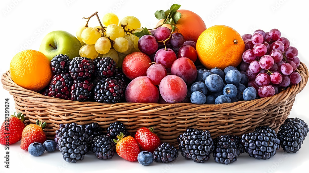 Many different fresh fruits in wicker basket isolated on white Many different fresh fruits in wicker basket isolated on white