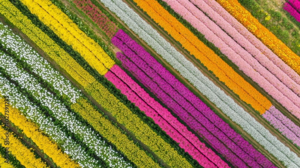 Aerial View of a Field of Colorful Flowers Planted in Stripes Aerial View of a Field of Colorful Flowers Planted in Stripes
