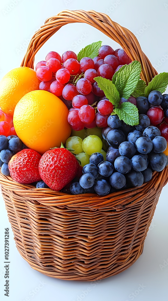 Many different fresh fruits in wicker basket isolated on white Many different fresh fruits in wicker basket isolated on white