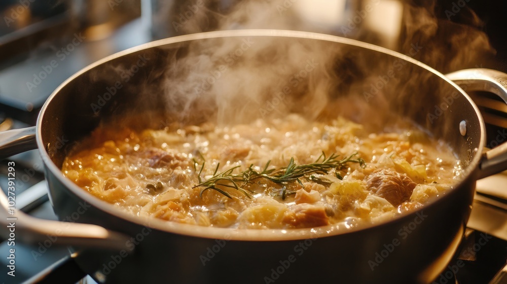 Pot of Choucroute Garnie Cooking on Stove Pot of Choucroute Garnie Cooking on Stove