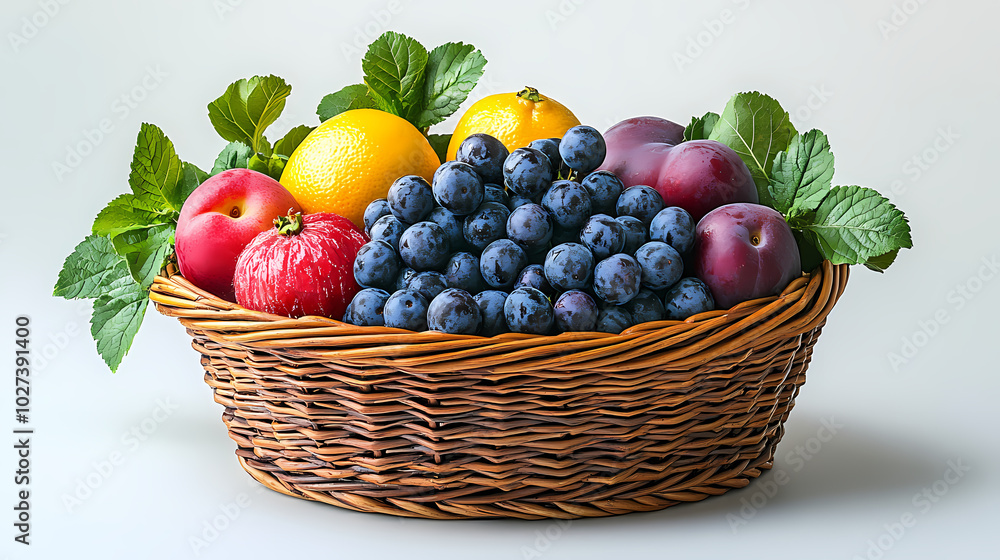 Many different fresh fruits in wicker basket isolated on white Many different fresh fruits in wicker basket isolated on white
