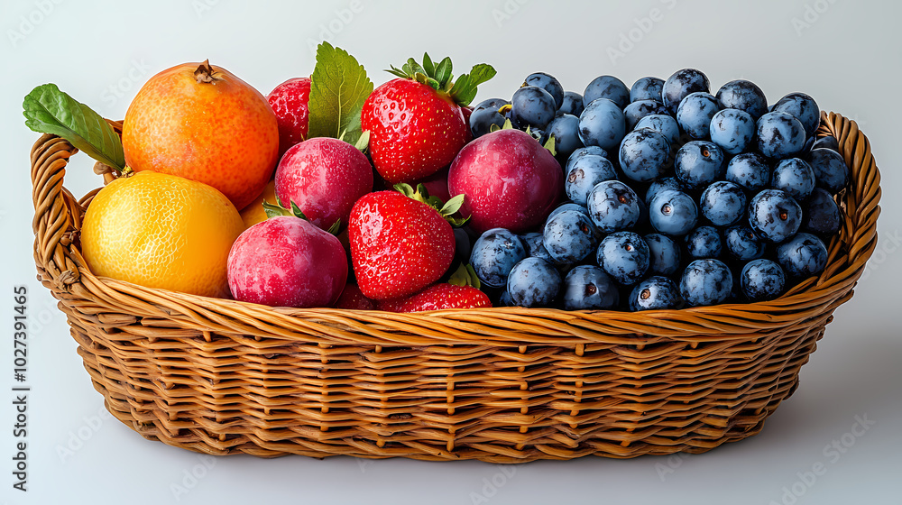Many different fresh fruits in wicker basket isolated on white Many different fresh fruits in wicker basket isolated on white