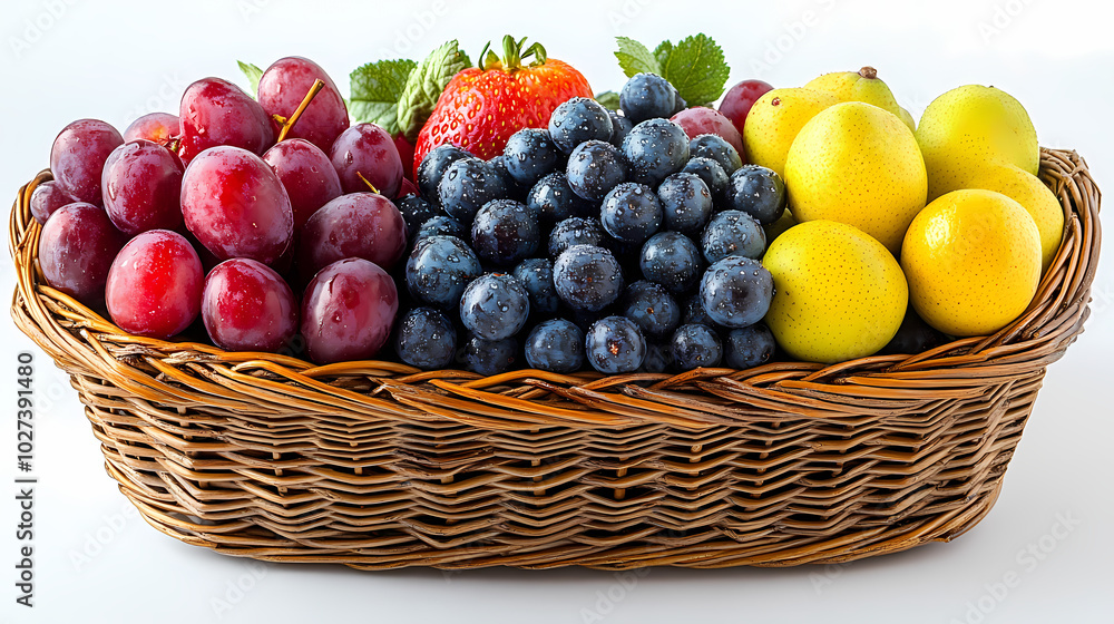 Many different fresh fruits in wicker basket isolated on white Many different fresh fruits in wicker basket isolated on white