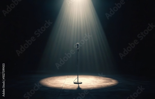 A vintage microphone stands alone under a spotlight, creating an intimate atmosphere in the quiet theater setting photo