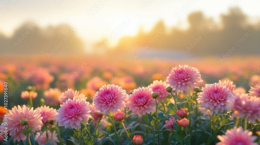 Obraz premium Pink Dahlias in a Field at Sunset