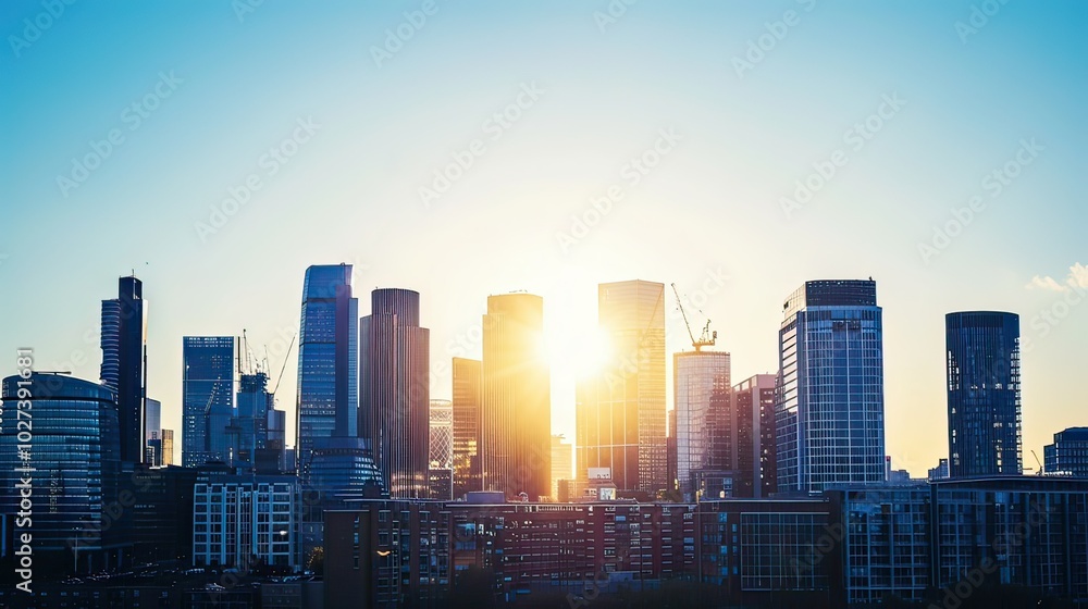 City skyline showcasing modern buildings, bathed in warm sunlight with a clear blue sky. City skyline showcasing modern buildings, bathed in warm sunlight with a clear blue sky.